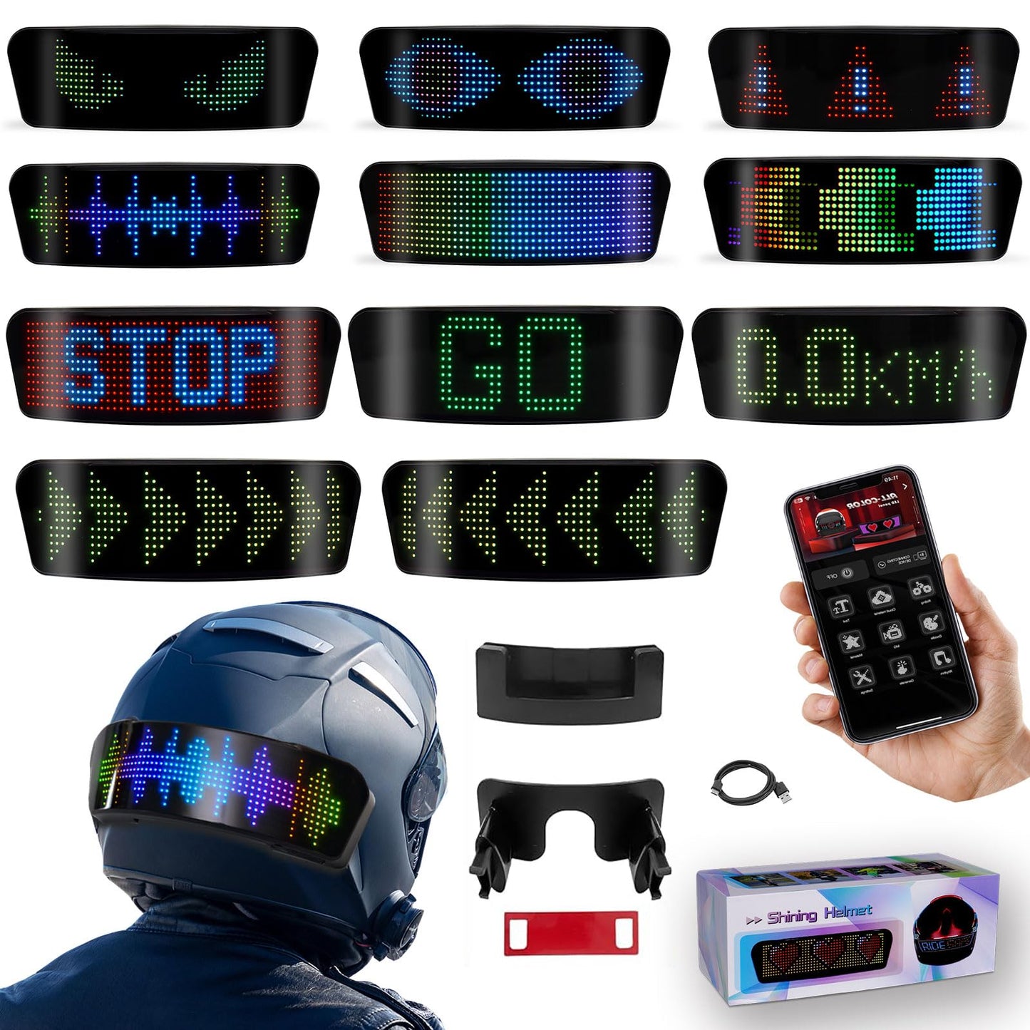 LED Full-Color Helmet Display, DIY Customizable Display Modes, Controllable Via Smartphone APP, Compatible With Most Bicycle and Motorcycle Helmets