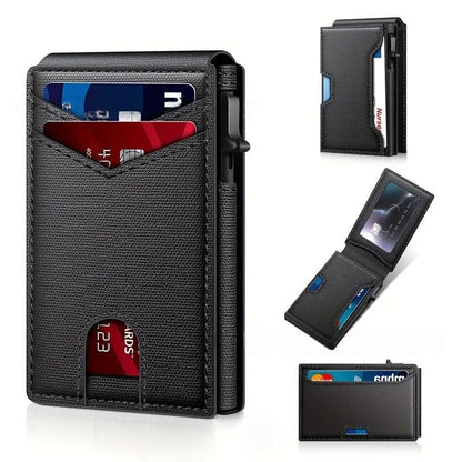 ✨Wallet - With Pop Up Aluminum Case Money Clip Slim Leather Slots Credit Card Holder RFID Blocking Bifold Minimalist Wallet
