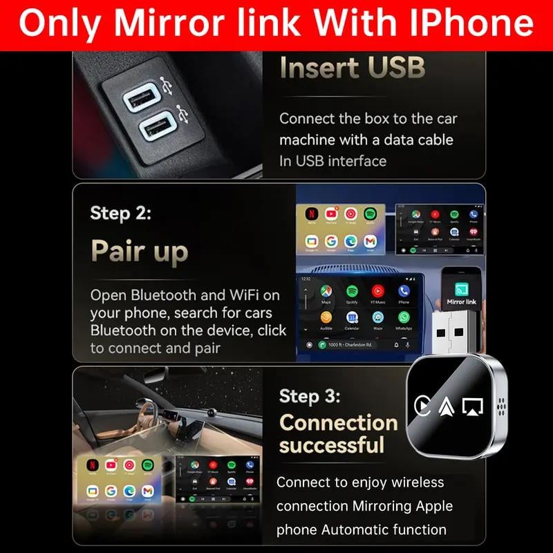 2026 Upgrade 3 in 1 Screen Mirror iOS Phone, wired to wireless Carplay adapter