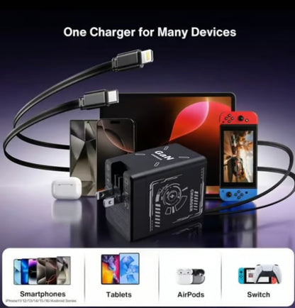 2-in-1 GaN PD3.0  Charger with Retractable Cables(Plug specifications: US standard plug)